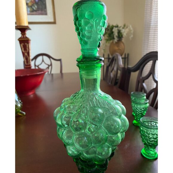 Vintage Green Glass Decanter Set With Hobnail Pattern & 6 Matching Cups 10" Deca - Picture 2 of 6